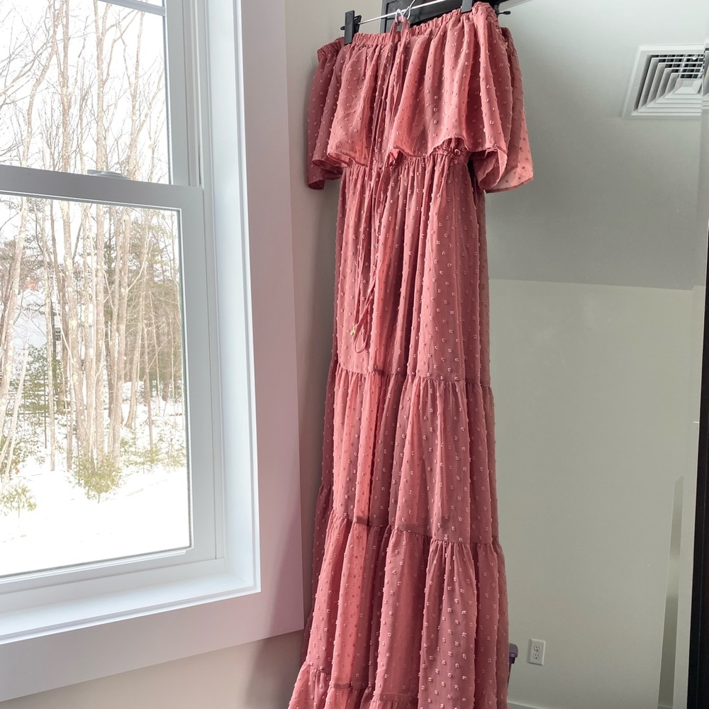 Baltic Born Swiss Dot Off the Shoulder Maxi Dress Dusty Mauve Size Small - Picture 7 of 8